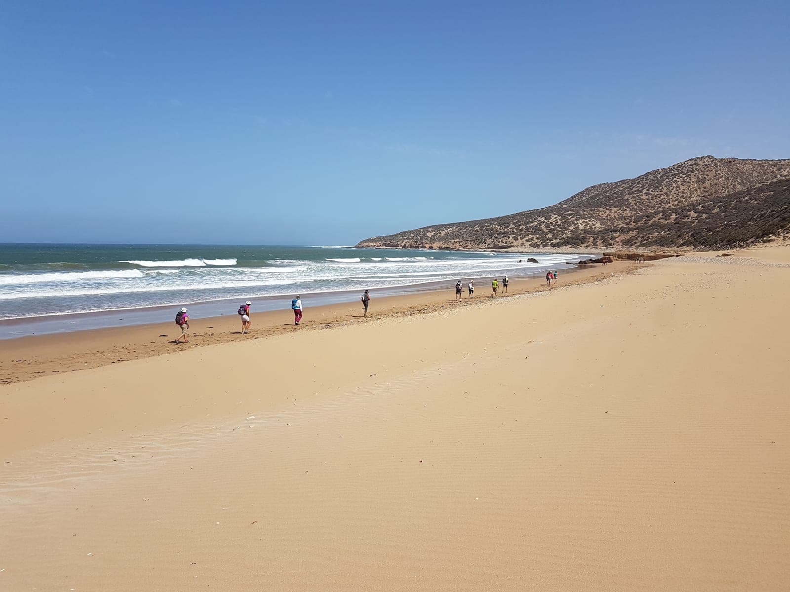 Our group walking the tideline of an empty beach below a headland on the Atlantic coast of Morocco