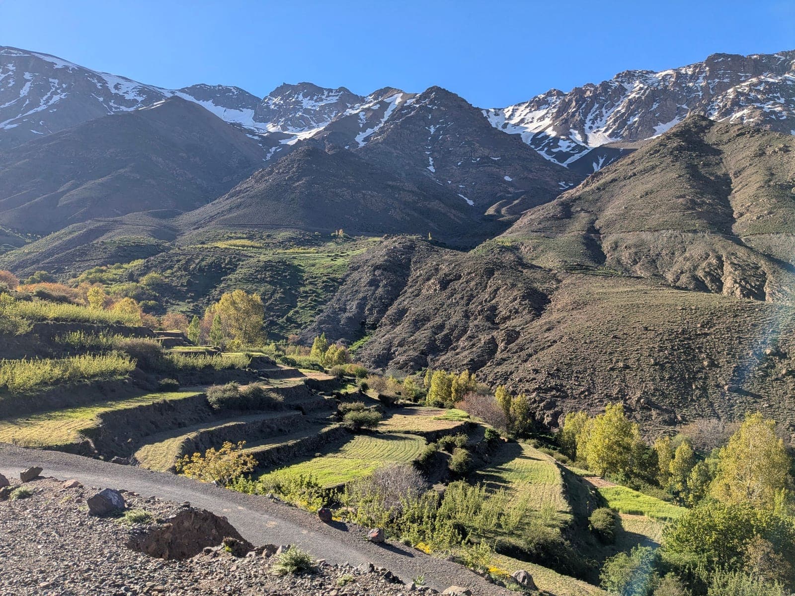 Terraced valley and stone villages of Imlil below the snow-capped High Atlas peaks, Morocco