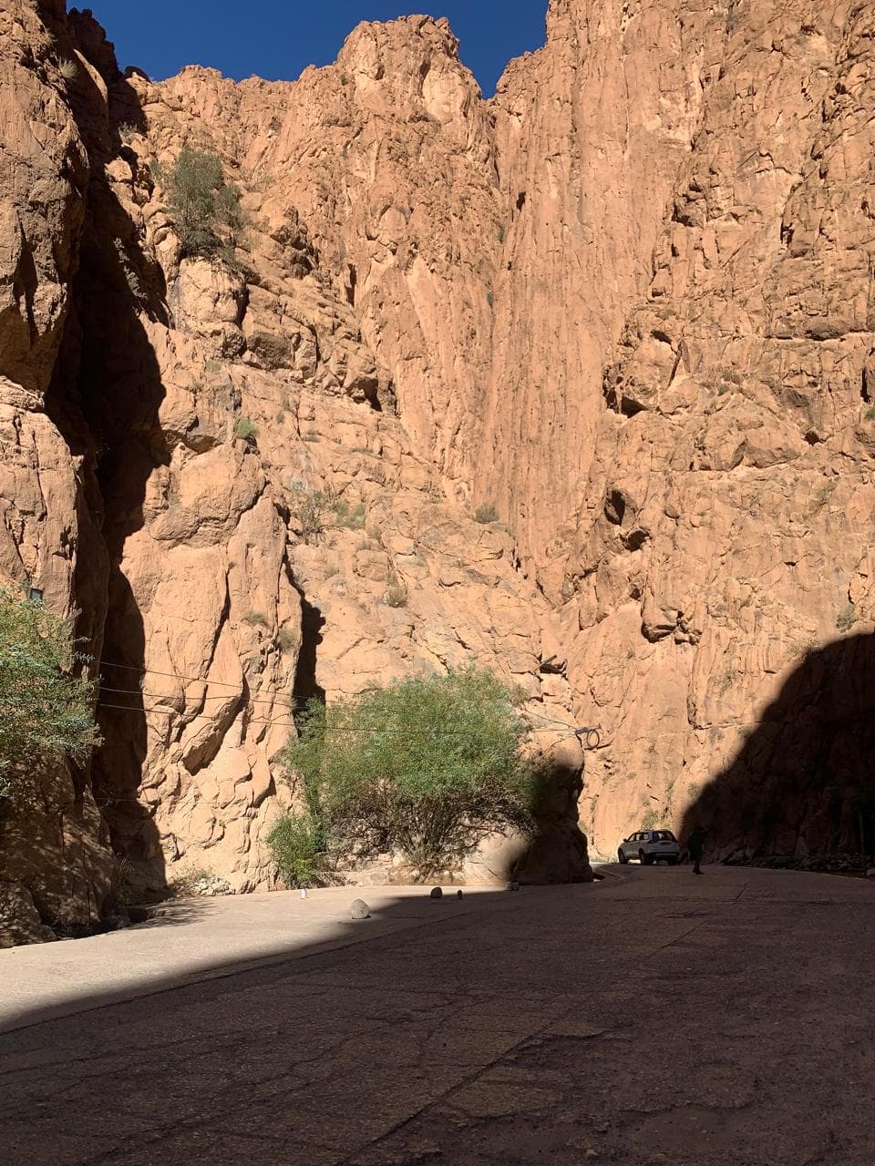 The road running between the 300-metre limestone walls of the Todra Gorge, High Atlas Morocco