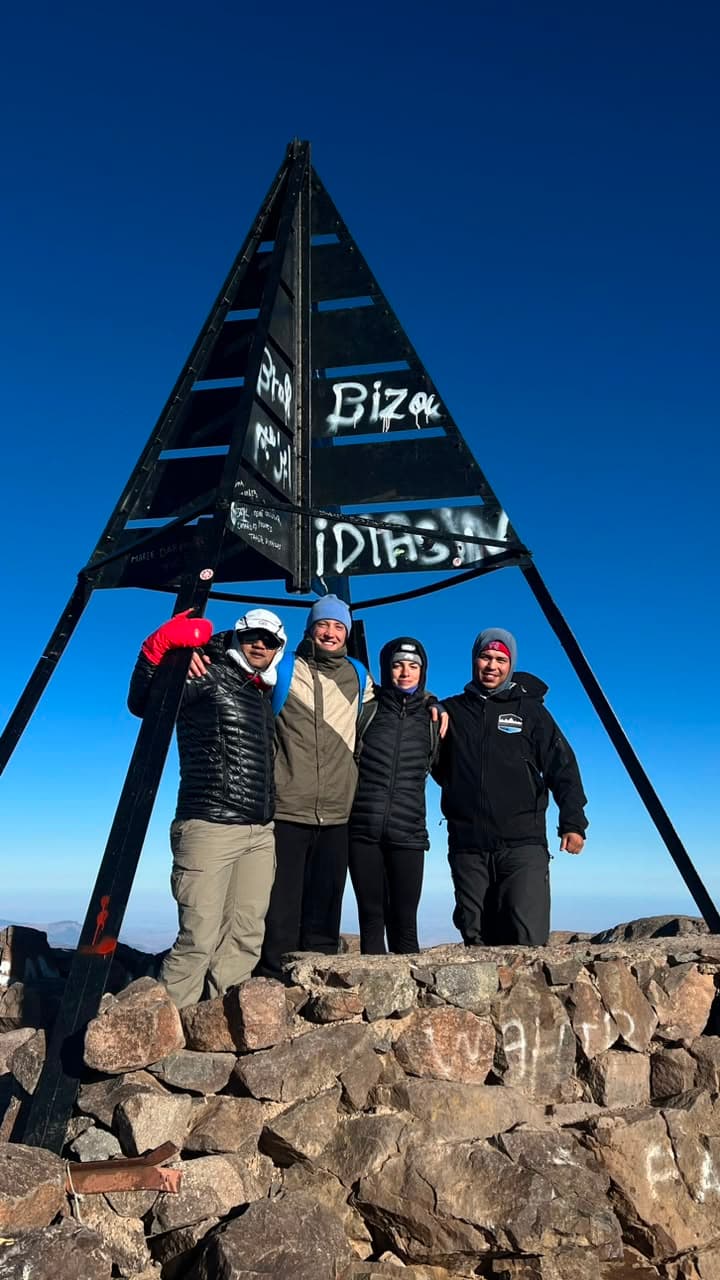 Our trekkers at the summit pyramid of Jbel Toubkal, 4,167 m, High Atlas Morocco