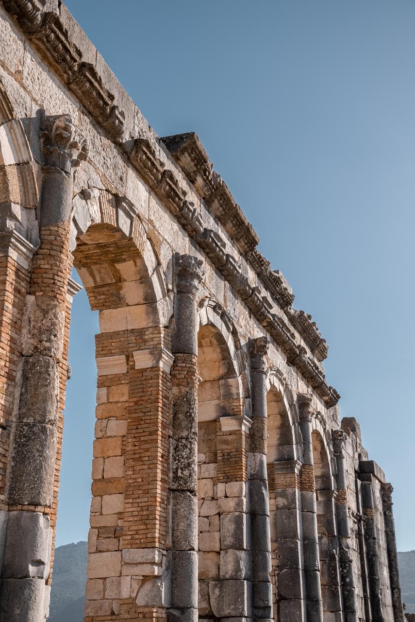 The brick-and-stone arcade of the Volubilis basilica from below, carved Corinthian capitals along the cornice, Morocco